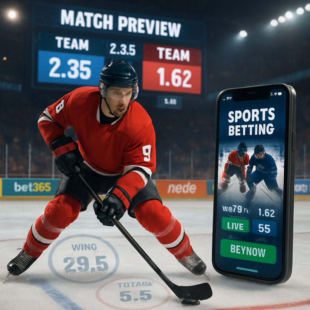 An action-packed hockey scene showcasing a player on the ice, with a digital scoreboard
